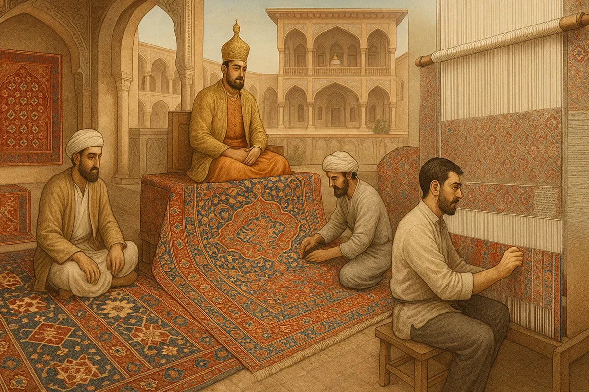 サファヴィー朝時代の宮廷で絨毯制作が行われている様子を描いたイラスト。中央には豪華な王冠と金色の衣をまとった王が座り、その前に精緻な花柄メダリオン文様のペルシャ絨毯が敷かれている。右側では職人が大型の立て織り機で赤と青を基調にした細密な文様を織り、左側には幾何学模様の絨毯の上に座る人物が見守っている。背景にはイスファハン風の二階建てアーチ構造の宮廷建築が広がり、全体に温かみのある色調で歴史的雰囲気が表現されている。