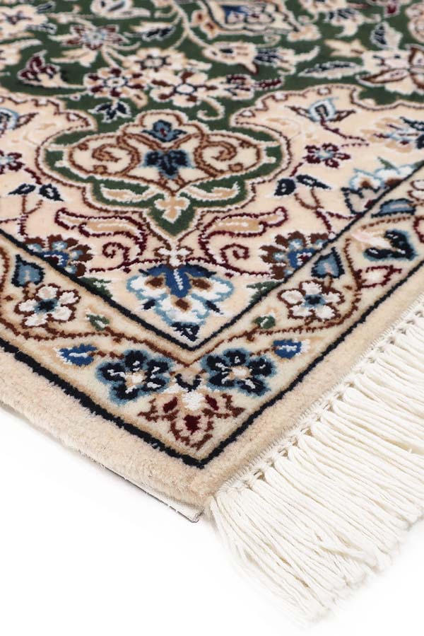 ペルシャ絨毯 ナイン産(64x93cm)ウール 緑 手織り【絨毯専門店】