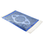 手織りペルシャ絨毯 クム産 シルク玄関マット 青 ブルー