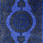 手織りペルシャ絨毯 クム産 シルク玄関マット 青 ブルー