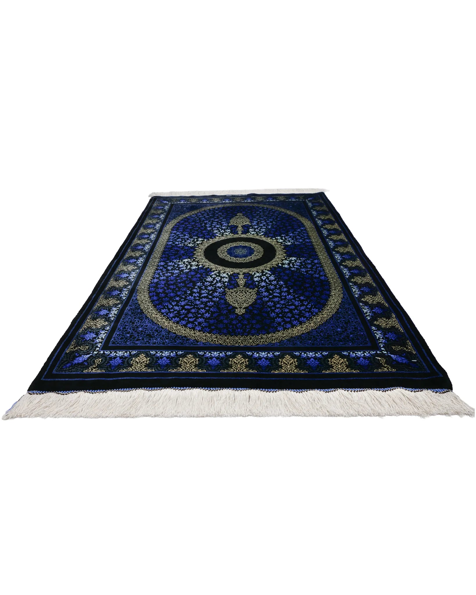 ペルシャ絨毯 クム産 カンバルザデ工房製 シルク手織りラグ(約80×120cm)青と黒のグラデーション、メダリオンとガンディール文様入り