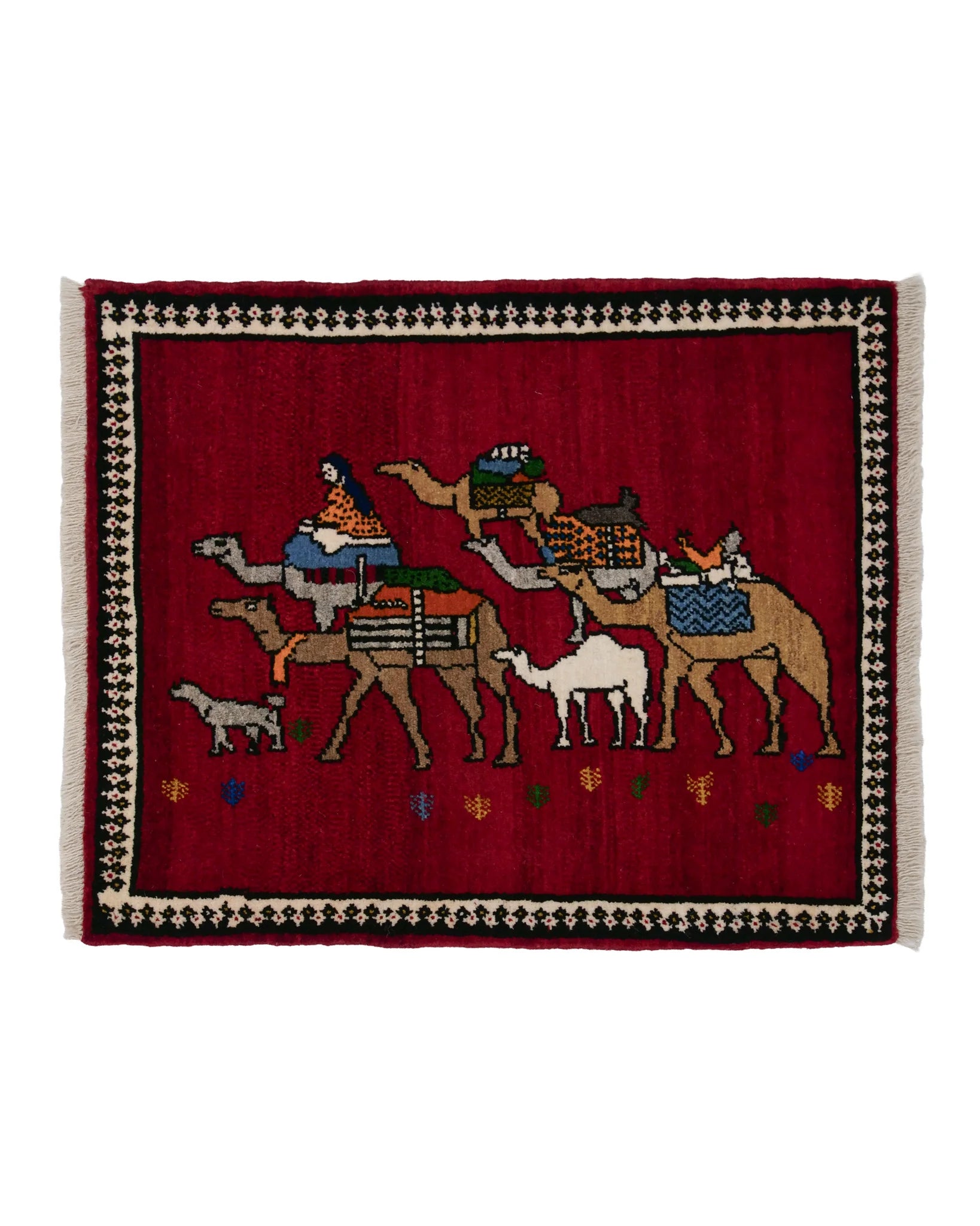 ペルシャ絨毯 シーラーズ産 カシュガイ族手織り ウール 77×88cm 赤 ラクダ キャラバン トライバル 玄関マット 壁掛け ラグ