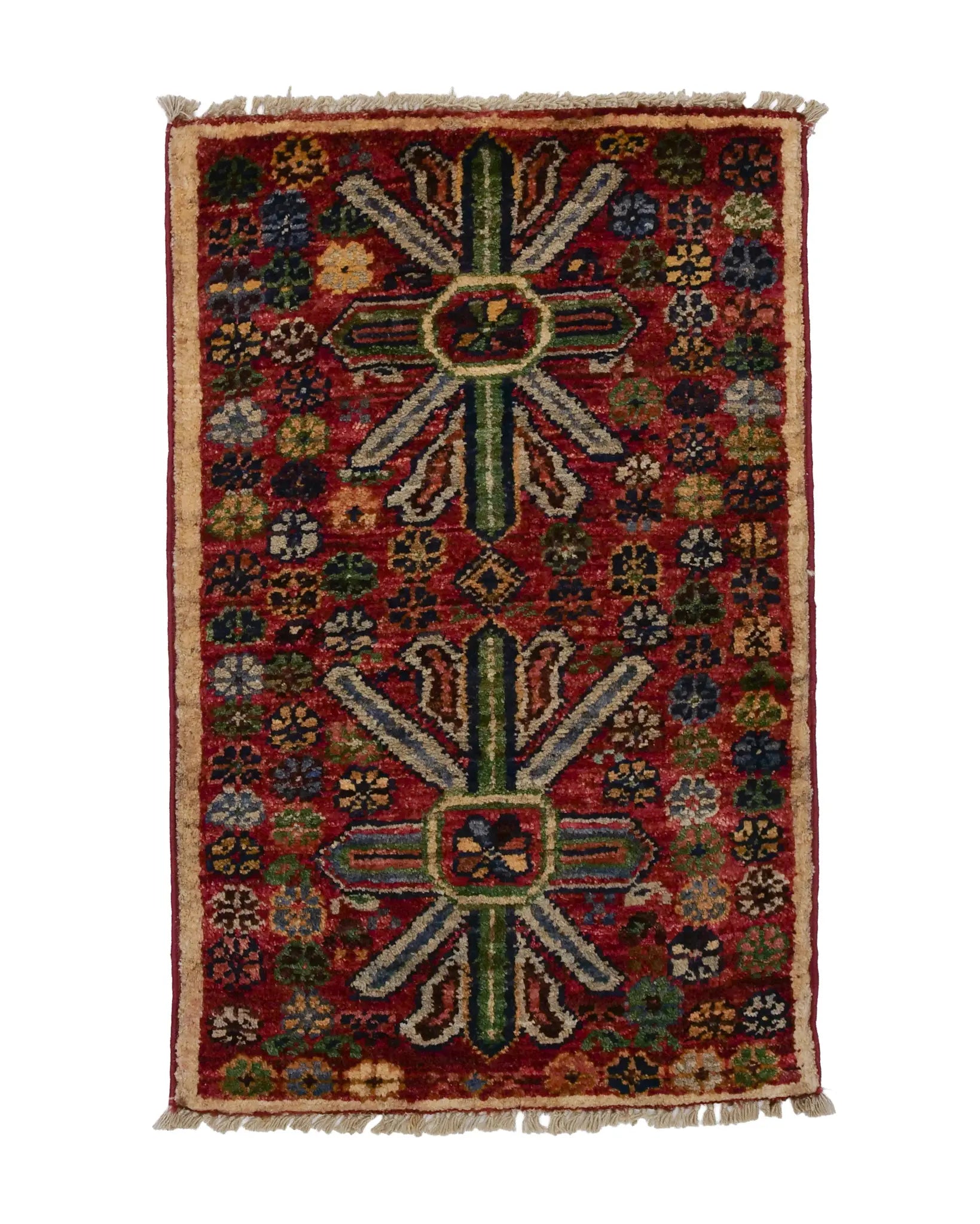 ガズニウールの手織り絨毯 レッドベース 幾何学と花模様