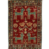 ガズニウールの手織り絨毯 赤地に鹿と鳥のモチーフ