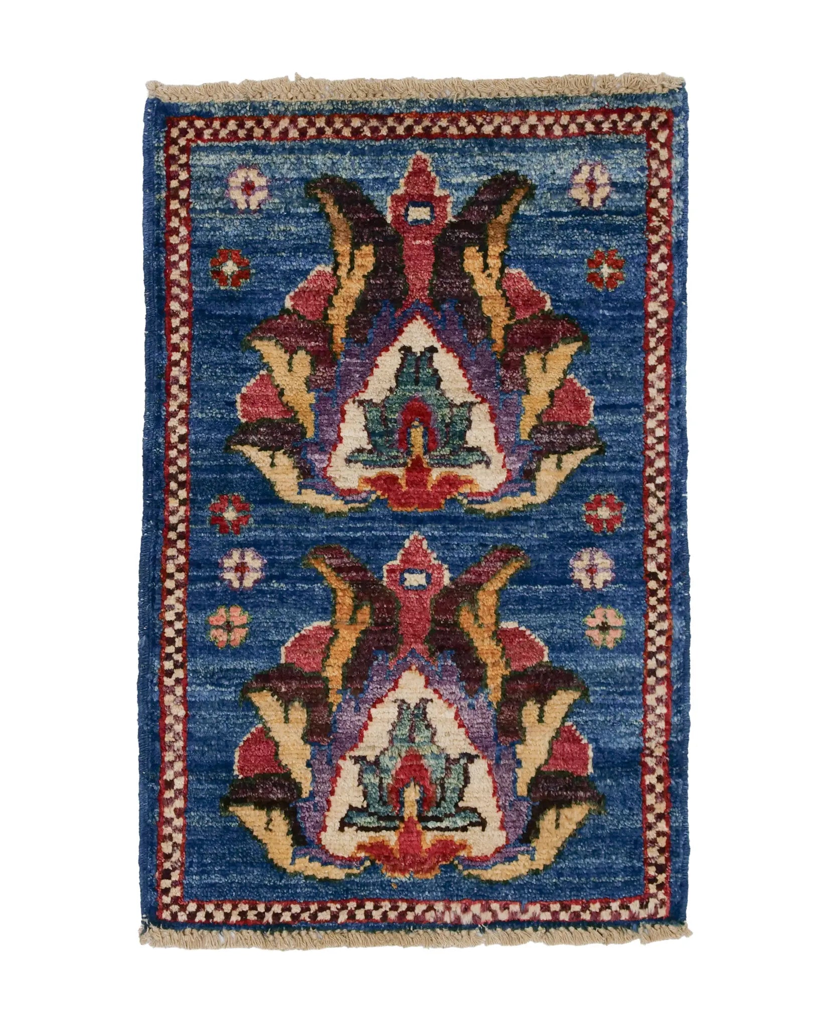 ガズニウールの手織り絨毯 ブルー地に大きなパルメット文様