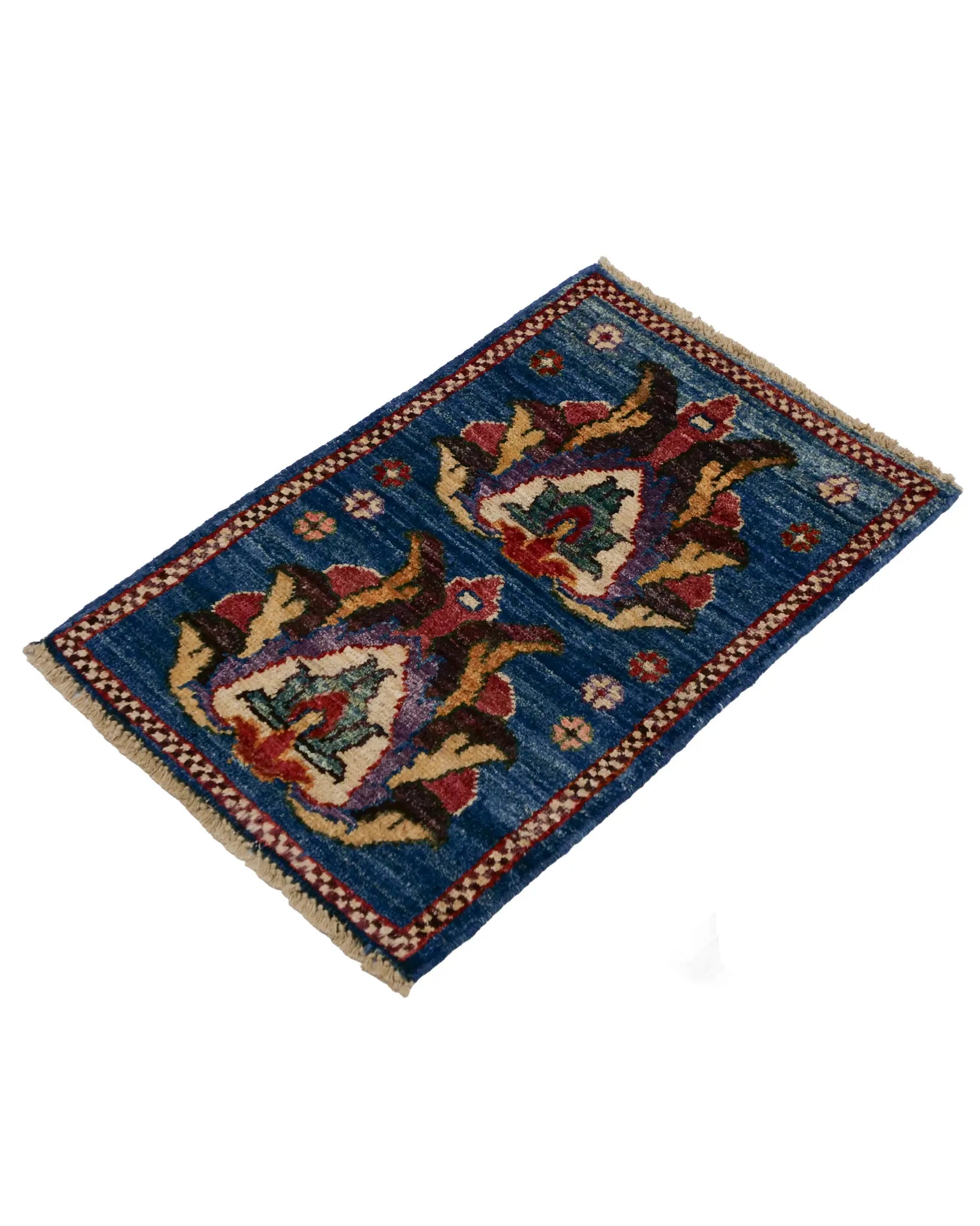 Blue Afghan Ghazni wool rug with floral palmette design