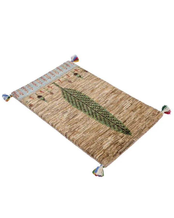 ペルシャ絨毯 ギャッベ 50x80cm 糸杉 ウール100% 玄関マット 手織りラグ 茶色