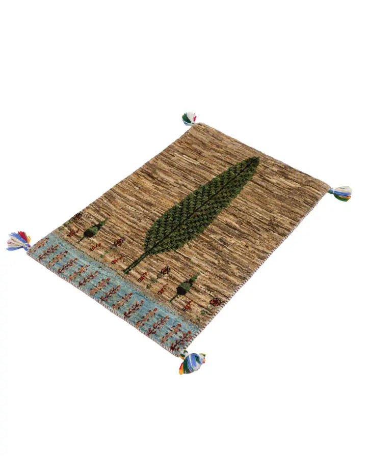 ペルシャ絨毯 ギャッベ 50x80cm 糸杉 ウール100% 玄関マット 手織りラグ 茶色
