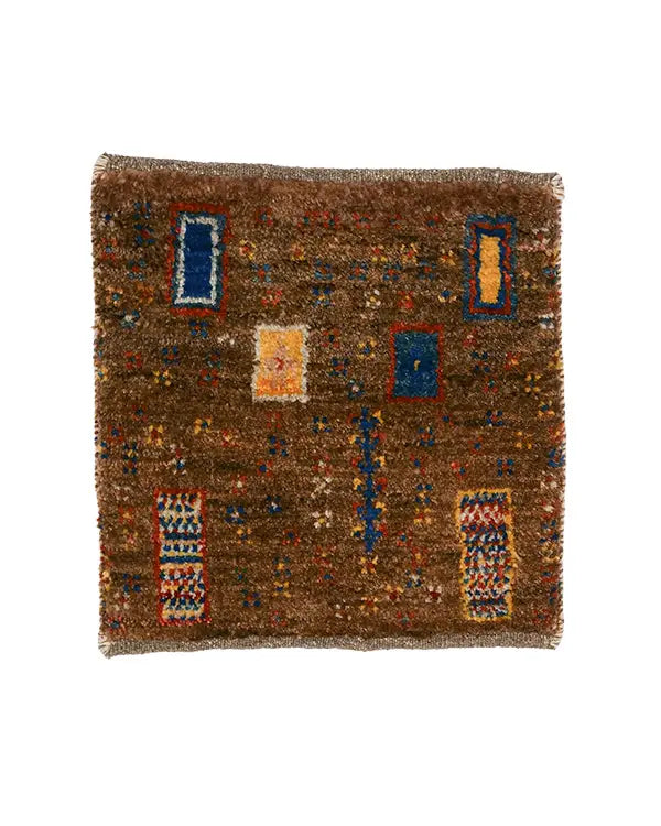 ペルシャ絨毯 ギャッベ 37x38cm 座布団 ウール100% 手織り ラグ 茶色 ブラウン