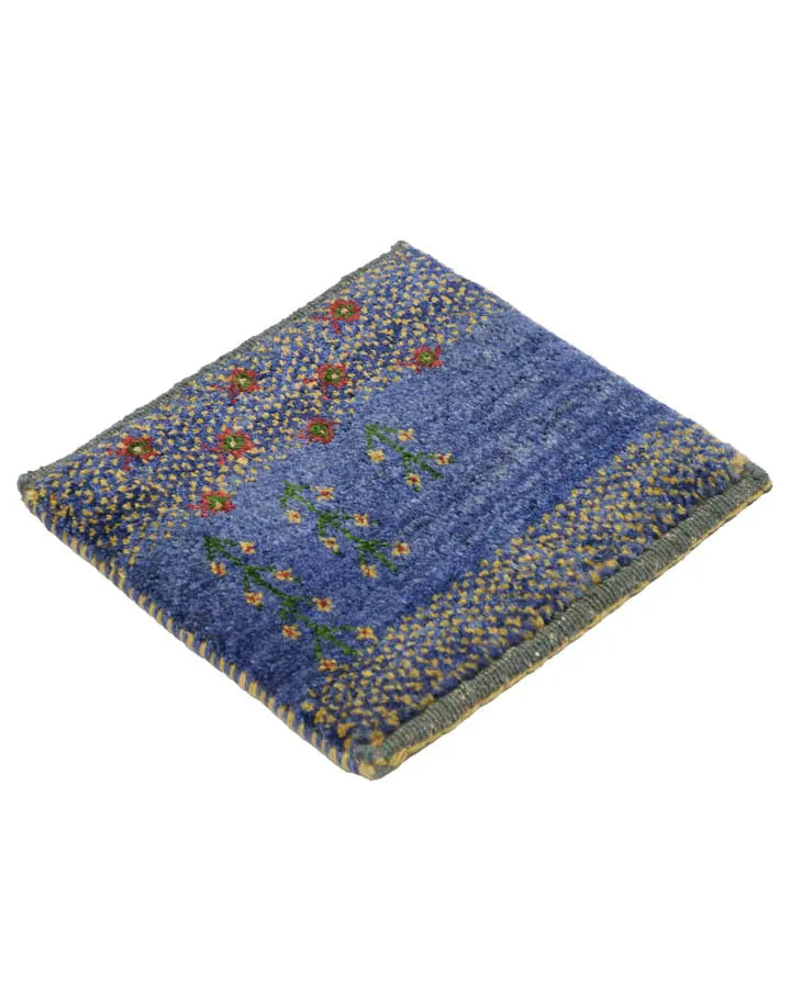ペルシャ絨毯 ギャッベ 32x37cm 手織りラグ ウール100% 座布団 青 ブルー