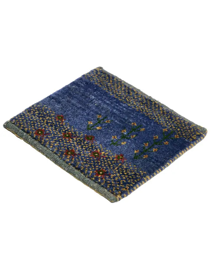 ペルシャ絨毯 ギャッベ 32x37cm 手織りラグ ウール100% 座布団 青 ブルー