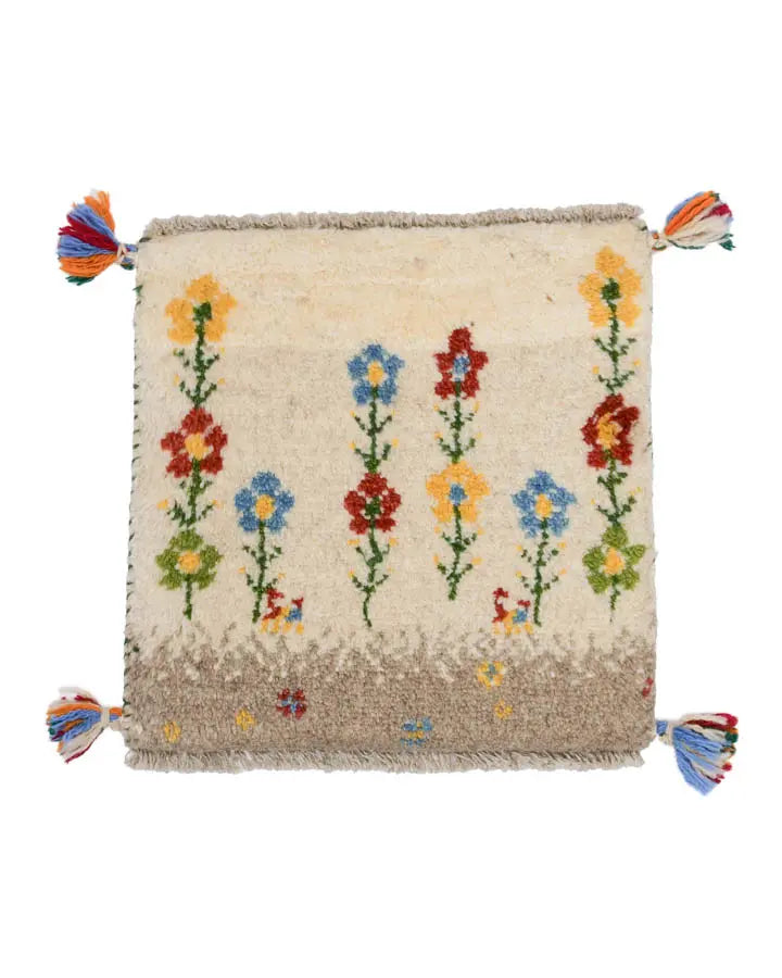 ペルシャ絨毯 ギャッベ 39x40cm 座布団 花 手織りラグ ベージュ