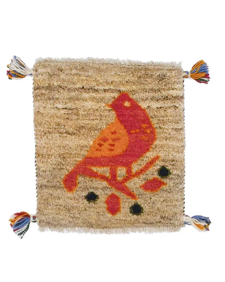 ペルシャ絨毯 ギャッベ 座布団 40x43cm 小鳥 手織りラグ