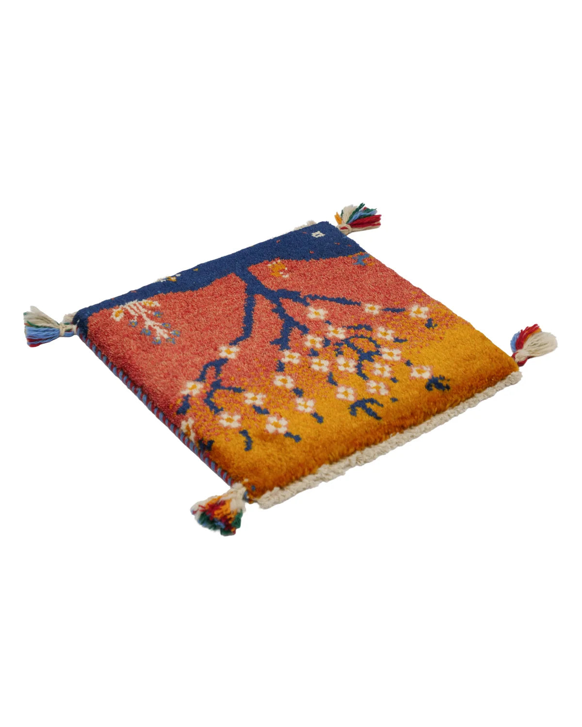 手織りペルシャ絨毯 ギャッベ 小さな木と動物柄 赤とオレンジの夕焼け色ラグ 38×41cm ウール100% 一点物