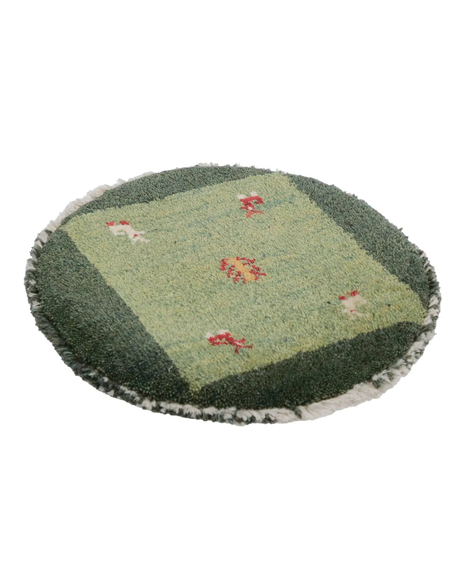 ペルシャ絨毯 ギャッベ 38x38cm 座布団 緑 グリーン 円形