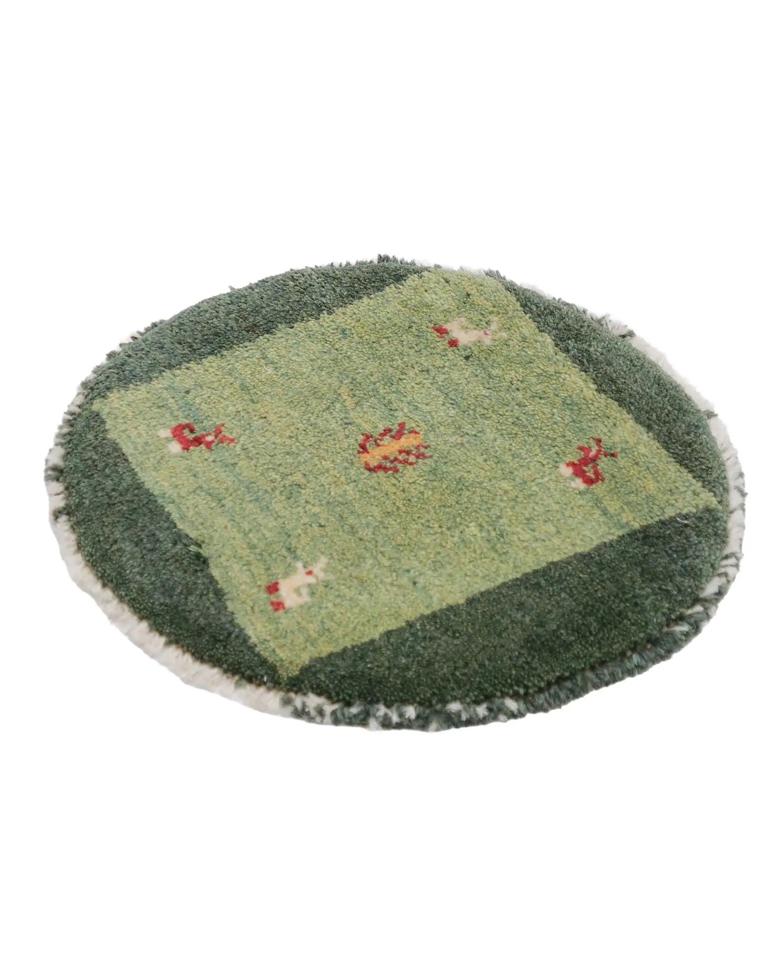 ペルシャ絨毯 ギャッベ 38x38cm 座布団 緑 グリーン 円形