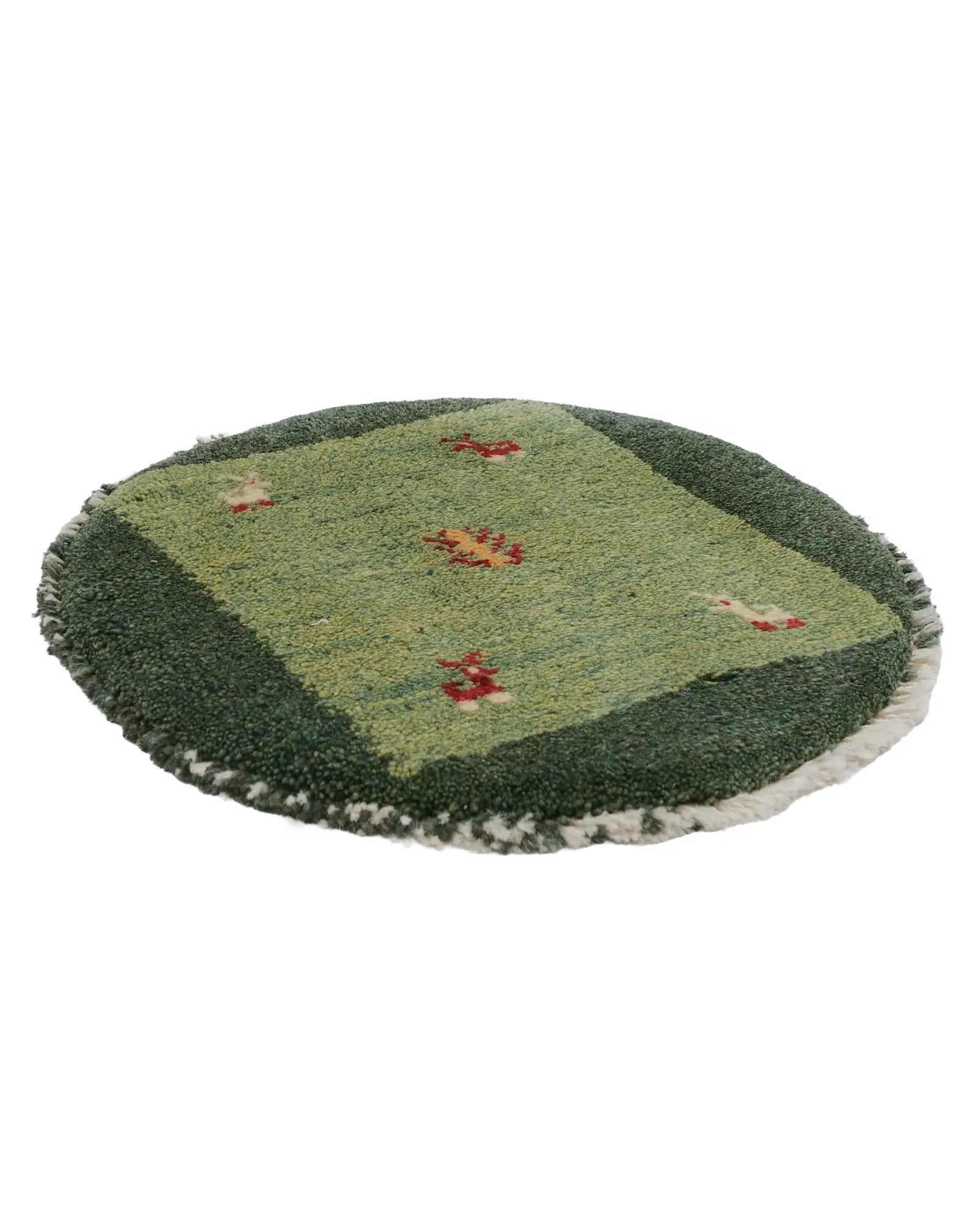 ペルシャ絨毯 ギャッベ 38x38cm 座布団 緑 グリーン 円形