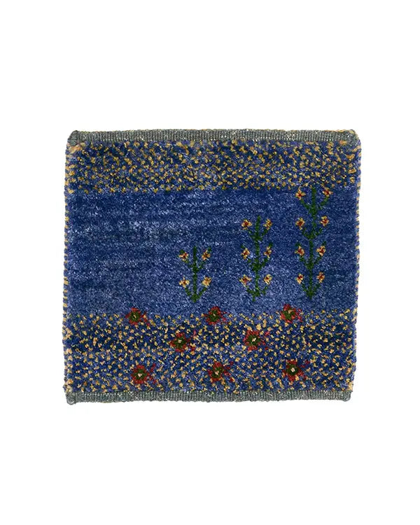 ペルシャ絨毯 ギャッベ 32x37cm 手織りラグ ウール100% 座布団 青 ブルー