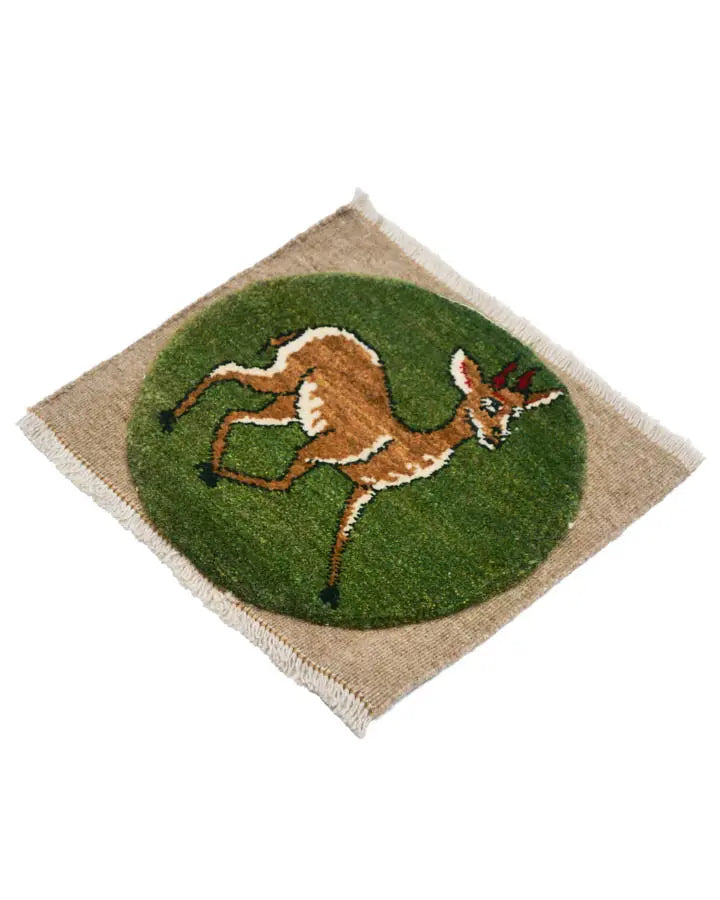 手織りペルシャ絨毯 ギャッベ 39x45cm 座布団 鹿 ペルシャガゼル 緑 グリーン