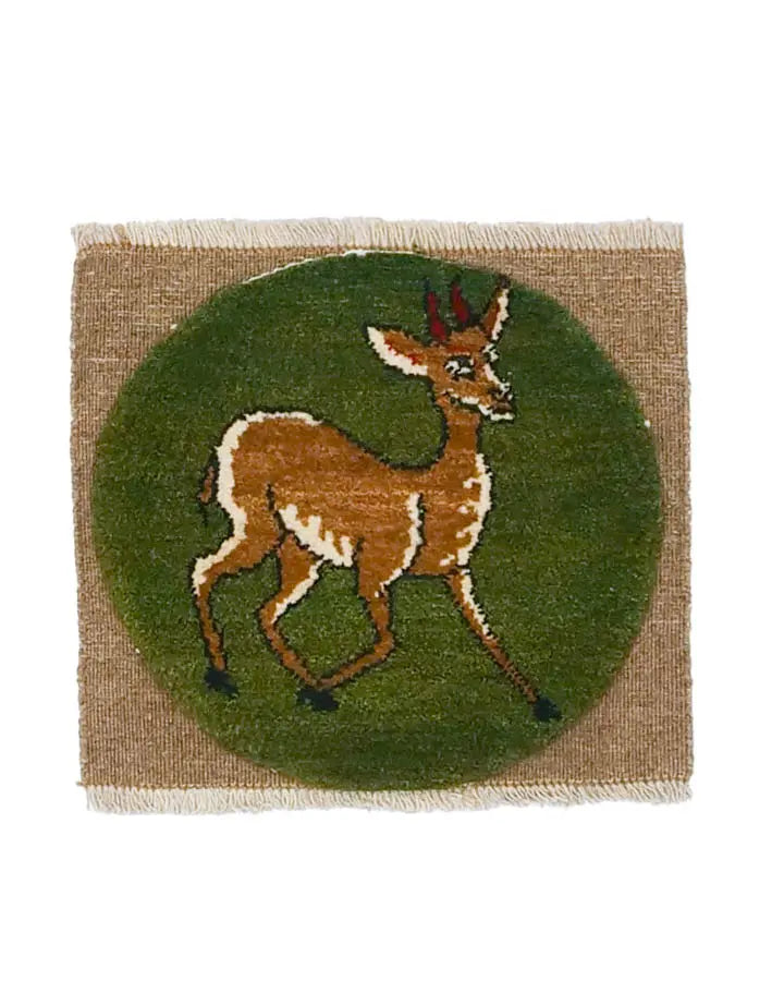 手織りペルシャ絨毯 ギャッベ 39x45cm 座布団 鹿 ペルシャガゼル 緑 グリーン