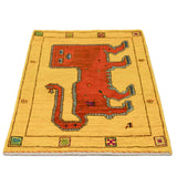 ライオンラグ ギャッベ 60x90cm ペルシャ絨毯 ウール 黄色 オレンジ 手織り 玄関マット