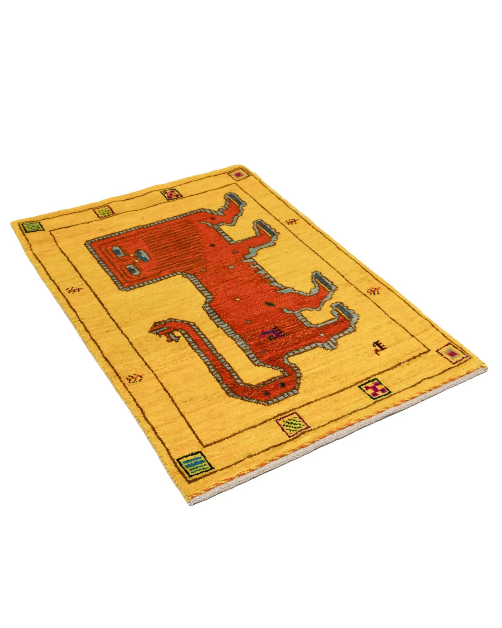 ライオンラグ ギャッベ 60x90cm ペルシャ絨毯 ウール 黄色 オレンジ 手織り 玄関マット