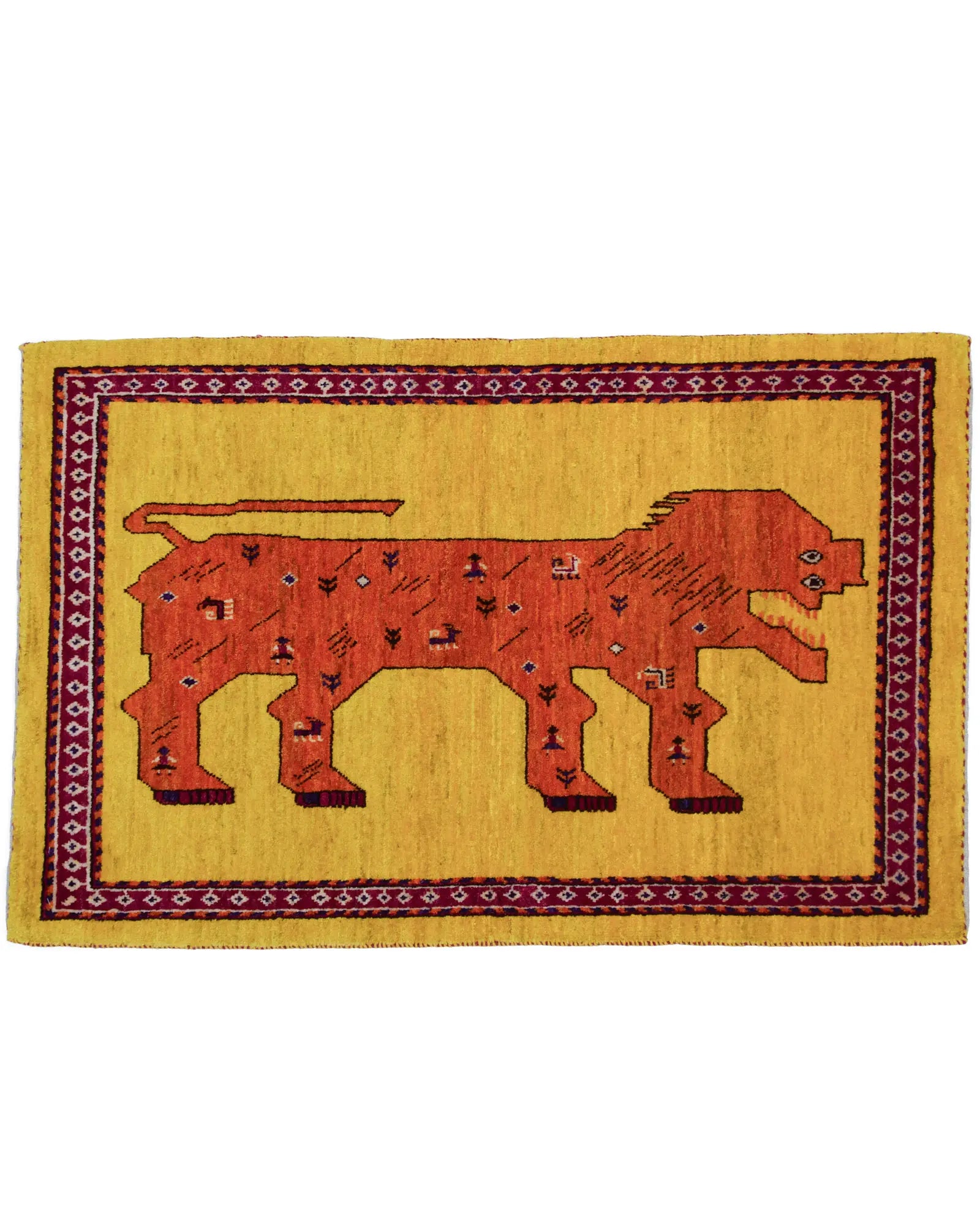 ライオンラグ ギャッベ 手織り ペルシャ絨毯 黄色 イエロー 玄関マット