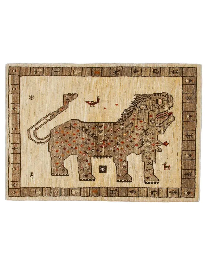 ペルシャ絨毯 ライオンギャッベ 84x120cm 手織りラグ ナチュラル 玄関マット