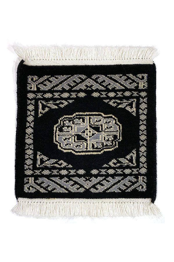 パキスタン絨毯(30x31cm)黒 ウール ミニラグ【絨毯専門店】