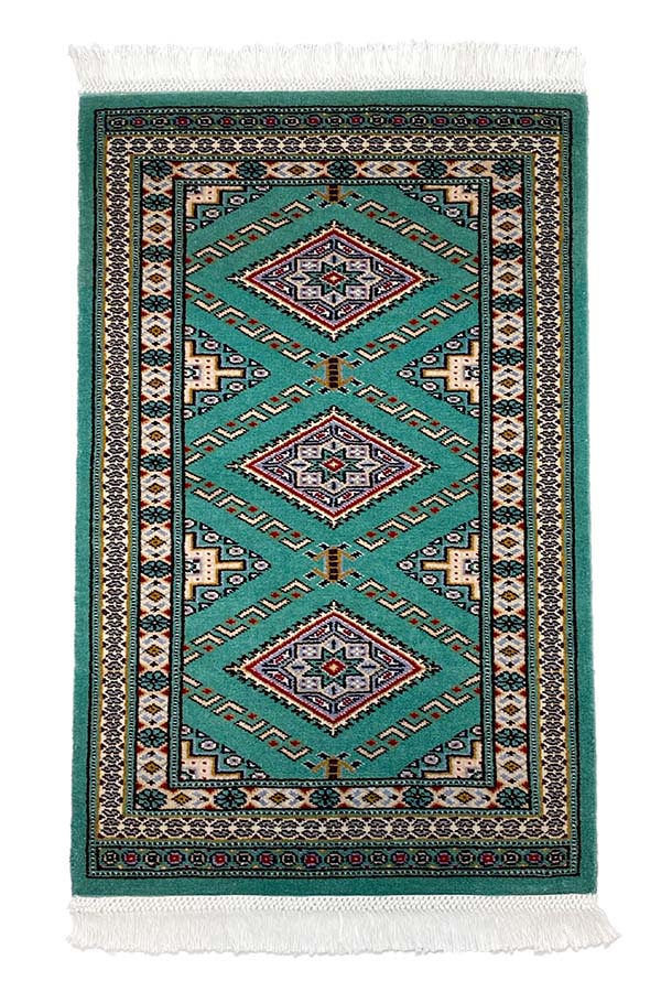 パキスタン絨毯 玄関マット(49x77cm)緑 手織りラグ【絨毯専門店】