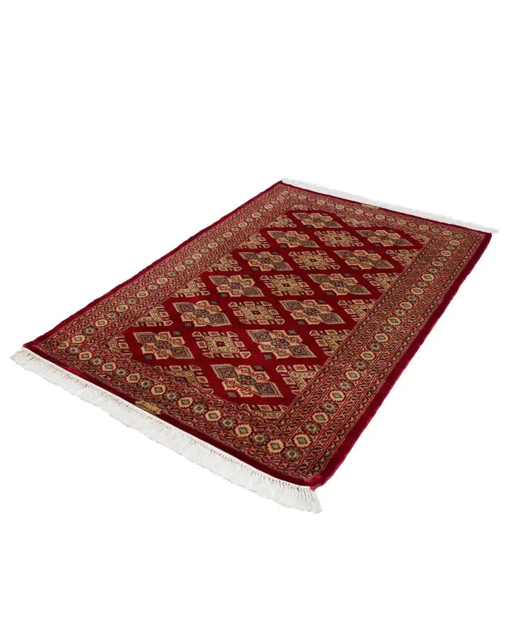 パキスタン絨毯 95cm x 134cm 手織りラグ 赤 幾何学模様