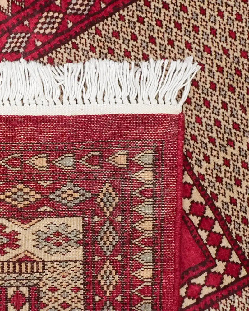 パキスタン絨毯 ミフラーブとシャンデリア柄 赤とベージュのウールラグ 62x93cm 手織り ラホール産