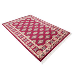 赤を基調としたパキスタン絨毯。中央にはひし形のジャルダン柄と楕円形のボハラ柄が交互に並び、周囲は繊細な模様で縁取られている。