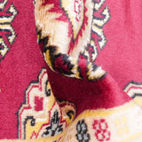 赤を基調としたパキスタン絨毯。中央にはひし形のジャルダン柄と楕円形のボハラ柄が交互に並び、周囲は繊細な模様で縁取られている。