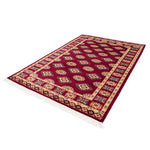 赤を基調としたパキスタン絨毯。中央にはひし形のジャルダン柄と楕円形のボハラ柄が交互に並び、周囲は繊細な模様で縁取られている。