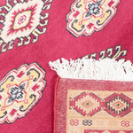 赤を基調としたパキスタン絨毯。中央にはひし形のジャルダン柄と楕円形のボハラ柄が交互に並び、周囲は繊細な模様で縁取られている。