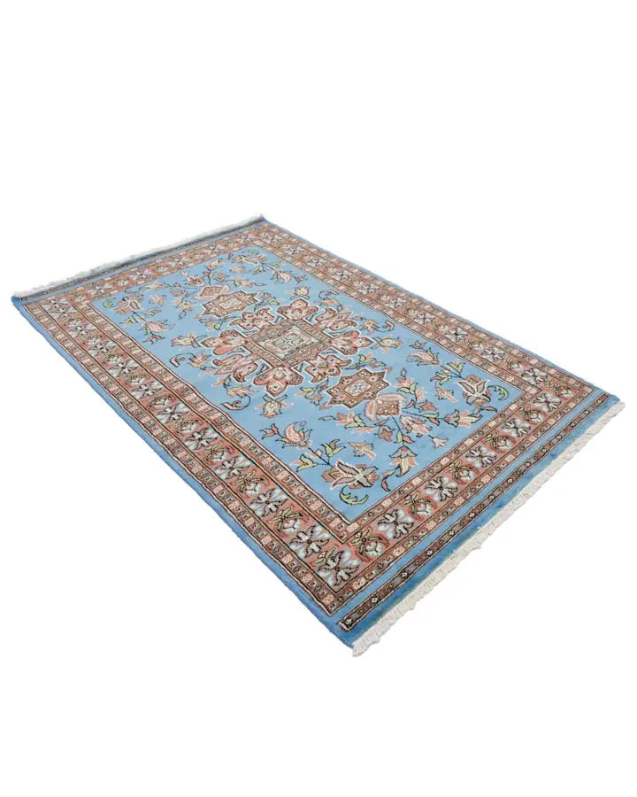 パキスタン絨毯 124x184cm 手織りラグ 水色 スカイブルー