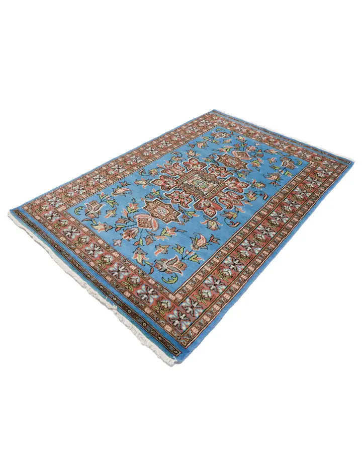 パキスタン絨毯 124x184cm 手織りラグ 水色 スカイブルー