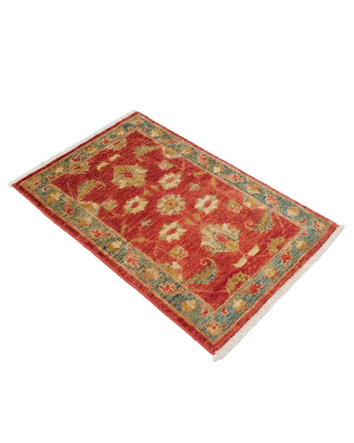 手織りパキスタン絨毯 約60cm x 90cm 玄関マット 赤 オレンジ