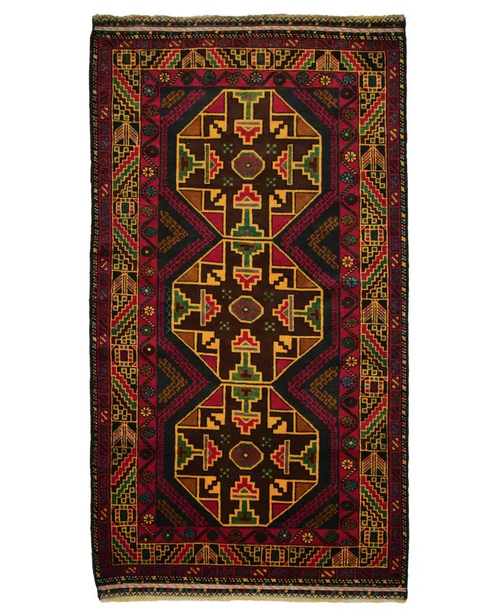 アフガニスタン絨毯 109x208cm トライバルラグ 幾何学模様 手織り