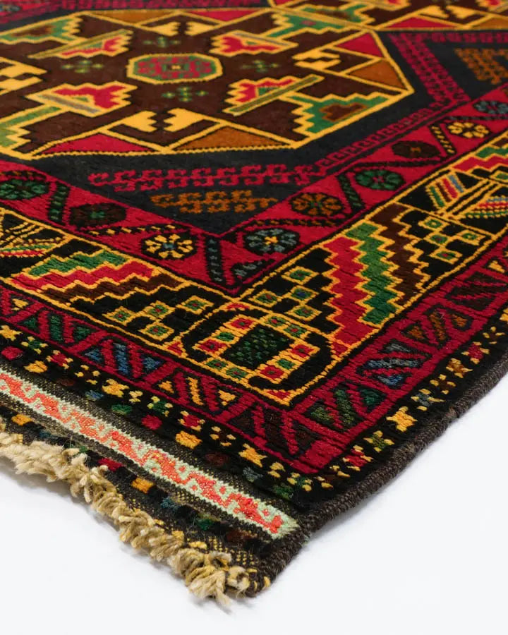 アフガニスタン絨毯 109x208cm トライバルラグ 幾何学模様 手織り
