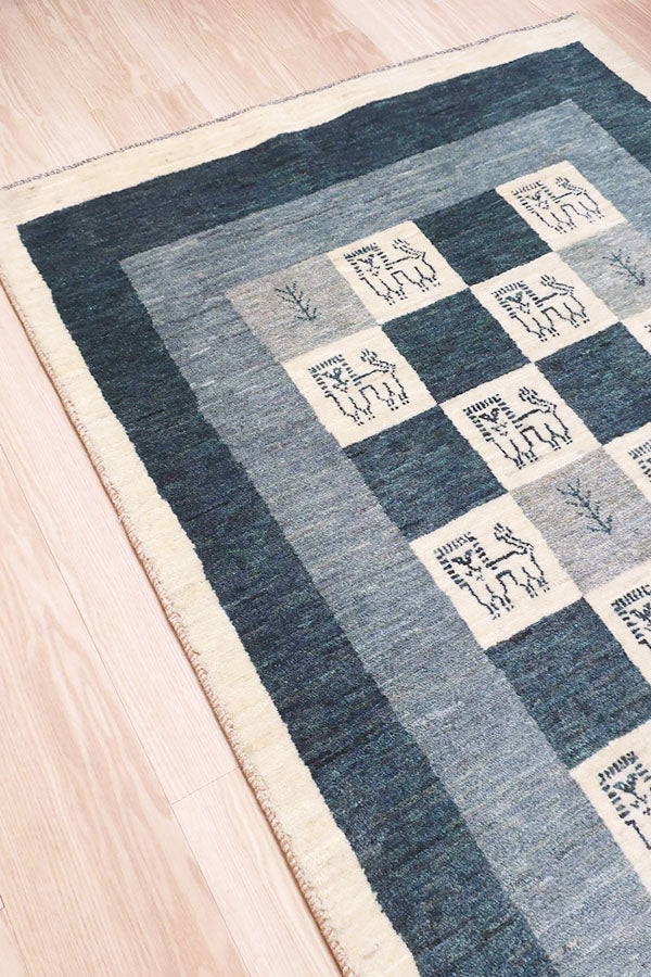 ギャッベ ペルシャ絨毯 ライオン 青&白