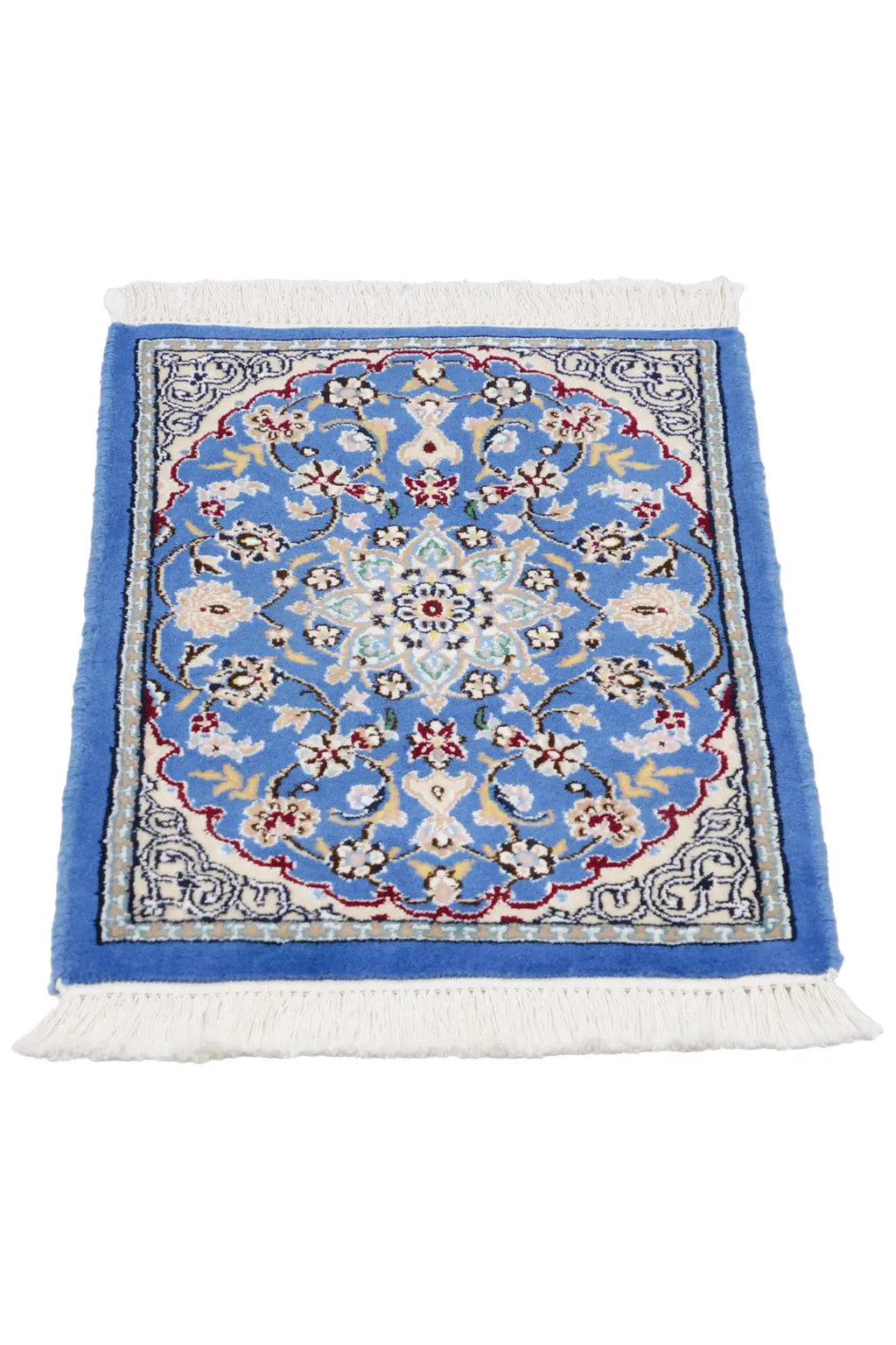ナイン産 手織りペルシャ絨毯(40x60cm)青 ウール&シルク【絨毯専門店】