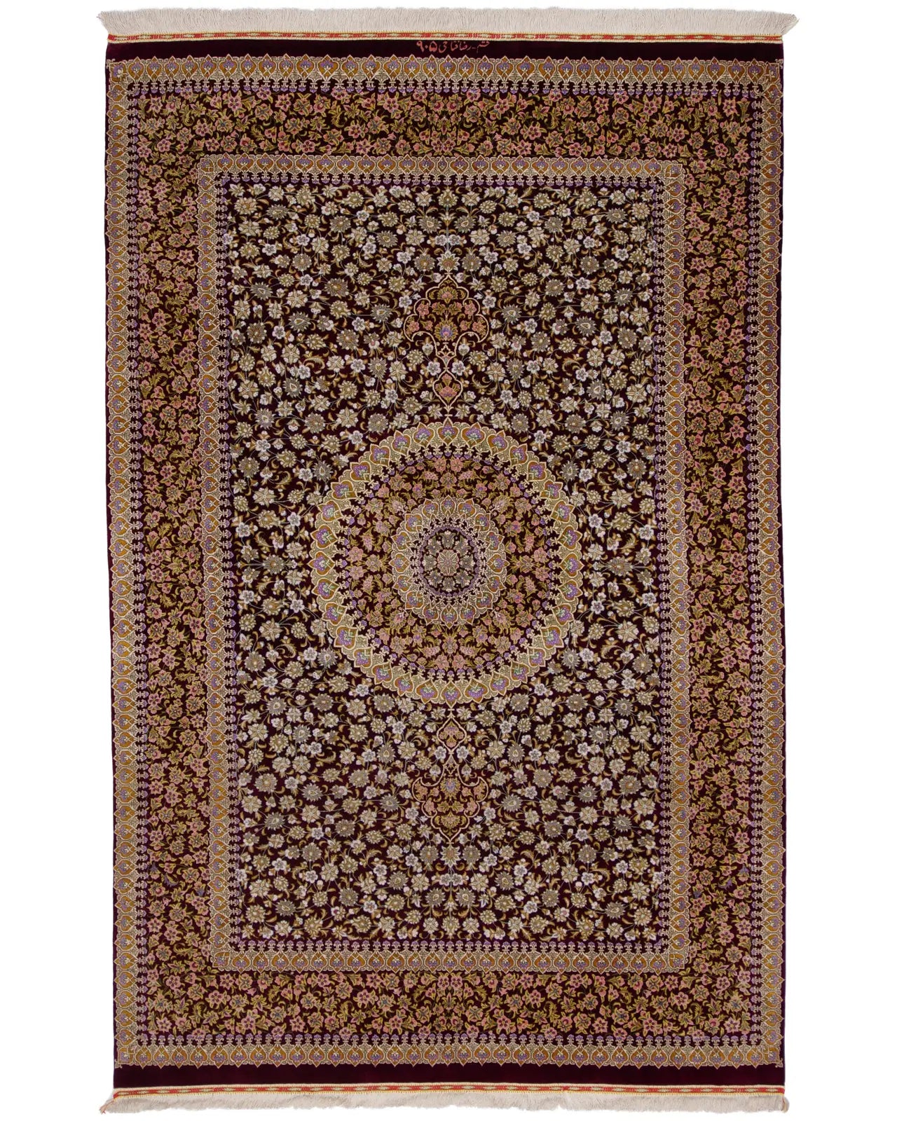 シルク ペルシャ絨毯 クム産 ファタヒ工房 約130cm x 200cm 手織り メダリオンデザイン バーガンディ ゴールド 花模様 光沢感 高級絨毯