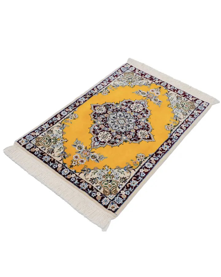 手織りペルシャ絨毯 ナイン産 約66cm x 93cm 玄関マット ラグ 山吹色