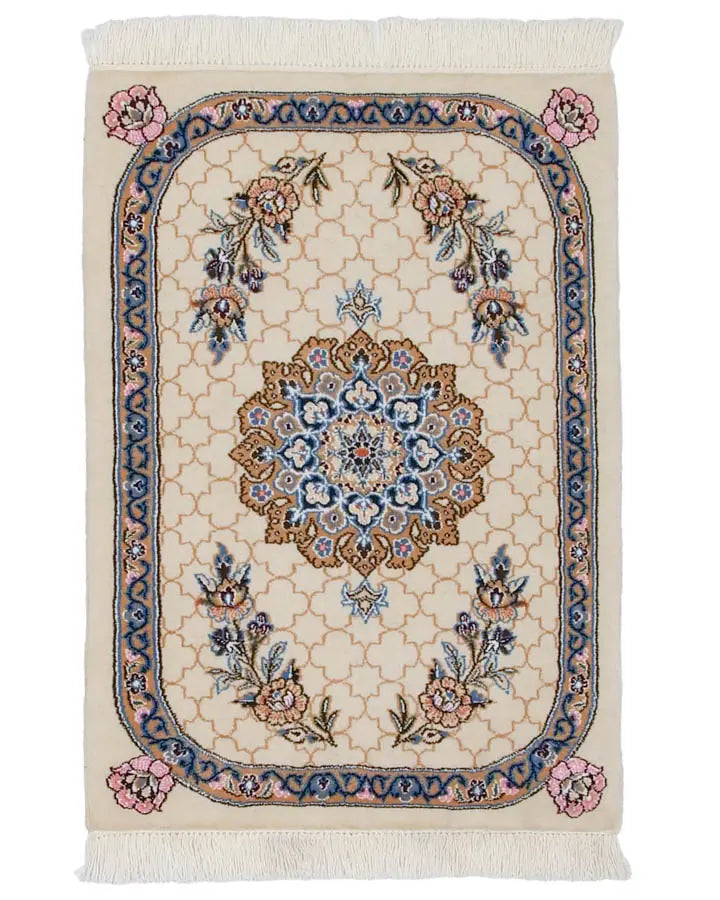 手織りペルシャ絨毯 ナイン産 ウール&シルク 60x90cm 玄関マット ラグ