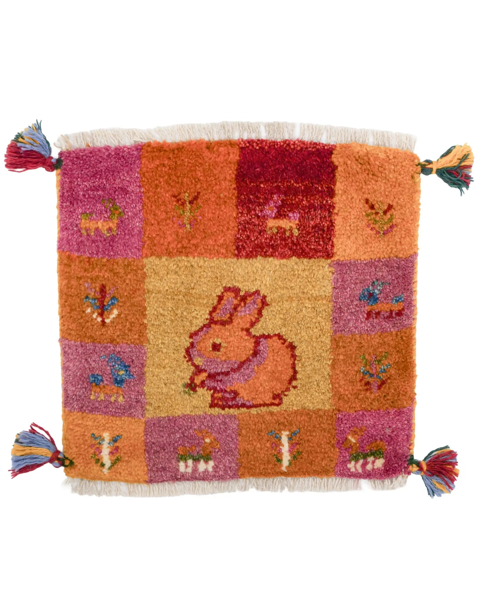ペルシャ絨毯 ギャッベ 37x39cm 座布団 手織りラグ うさぎ ペルシャ絨毯 ギャッベ 37x39cm 座布団 手織りラグ うさぎ