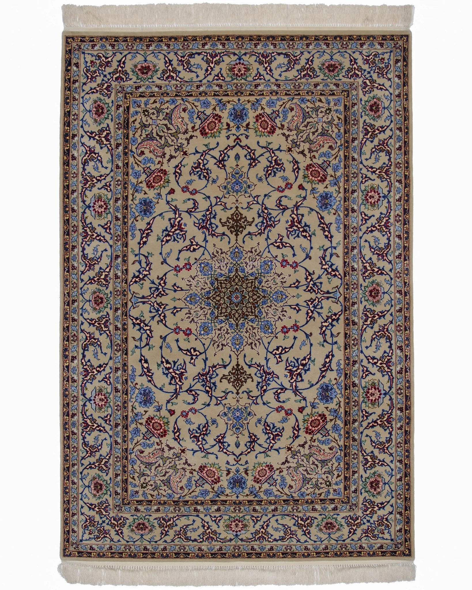 ペルシャ絨毯 イスファハン産 127x195cm ウール&シルク 緑 グリーン 手織り ラグ