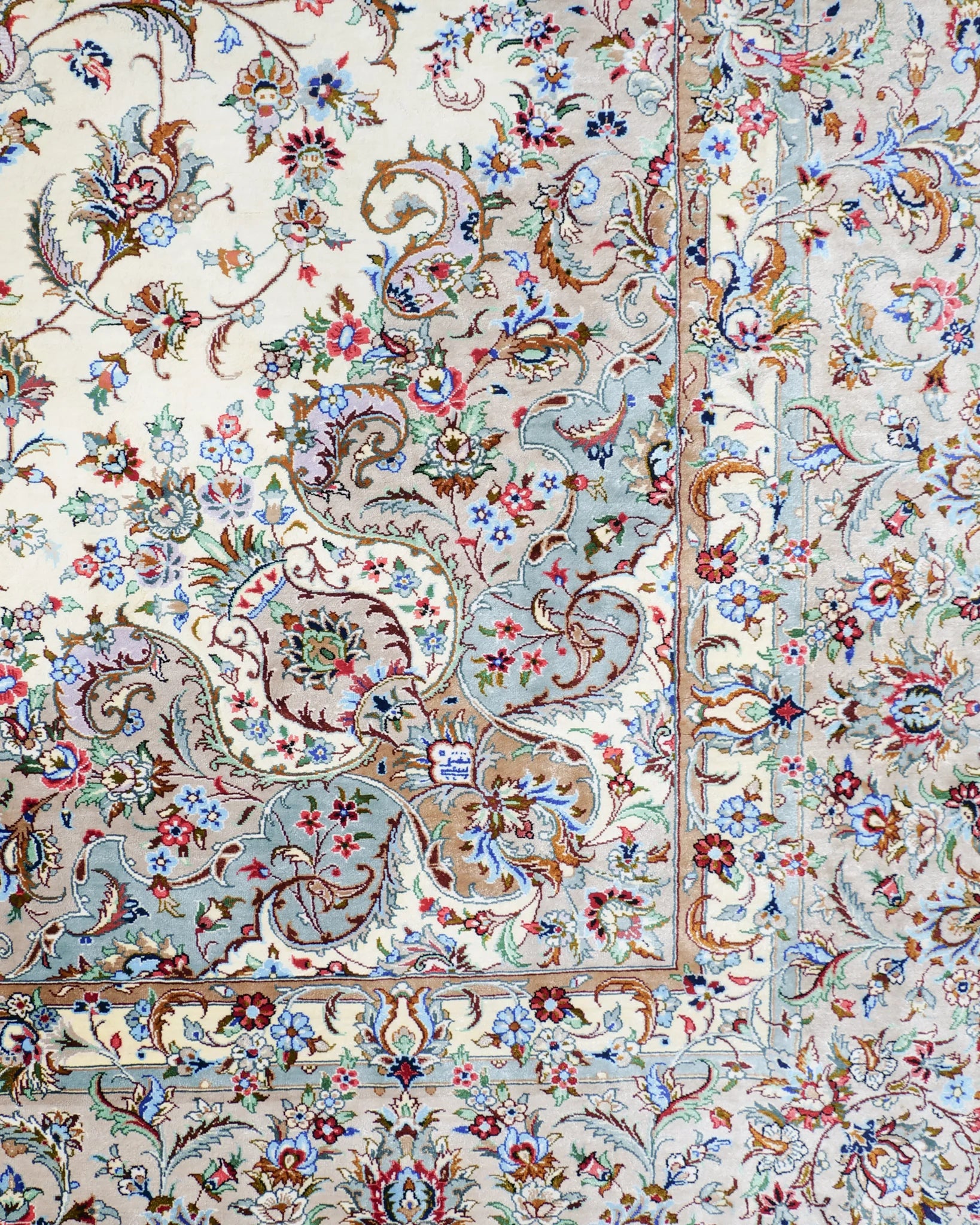 ペルシャ絨毯 カシャーン産 パディディ工房 シルク 約197cm x 298cm アイボリー ホワイト 白 手織り ラグ