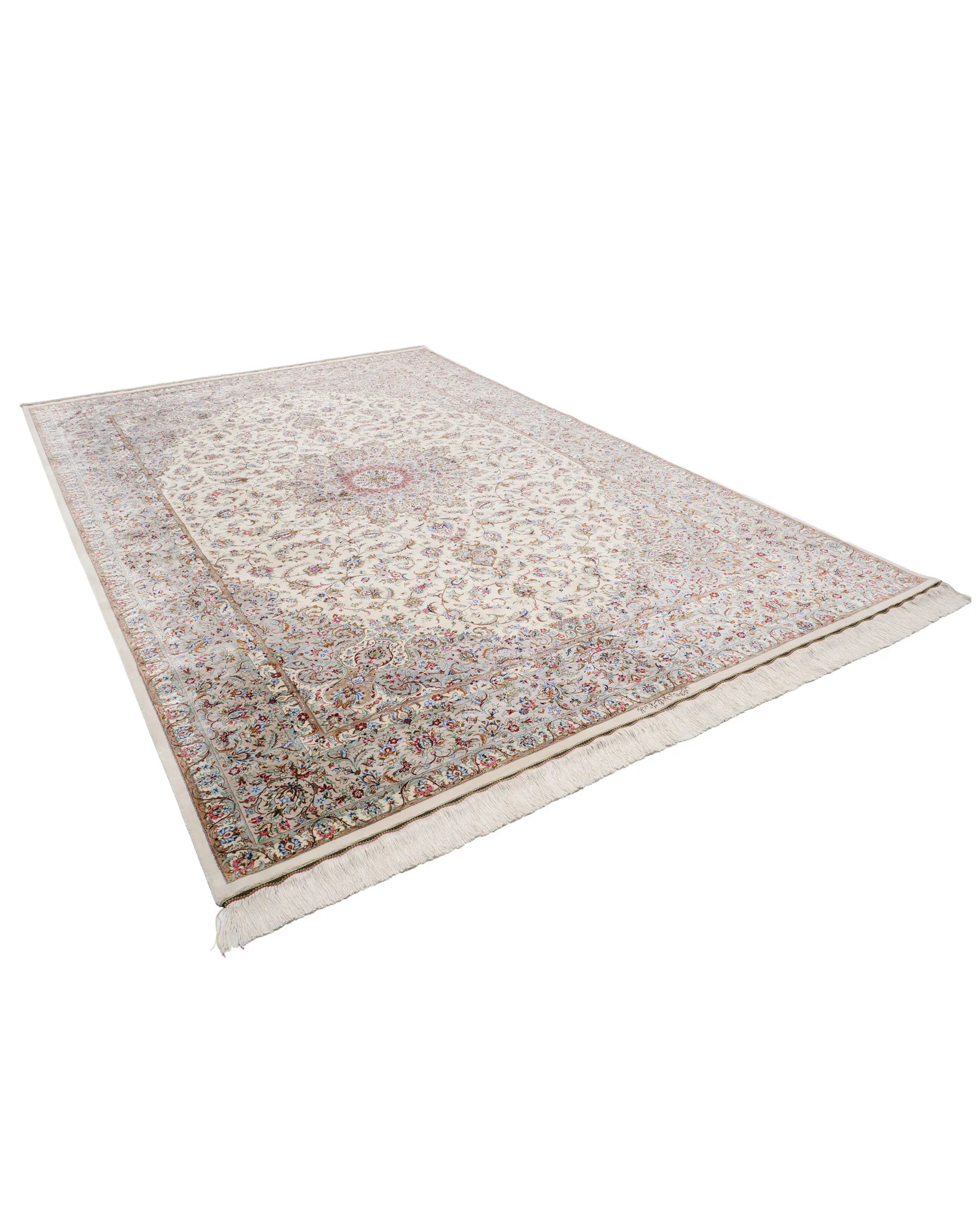 ペルシャ絨毯 カシャーン産 パディディ工房 シルク 約197cm x 298cm アイボリー ホワイト 白 手織り ラグ